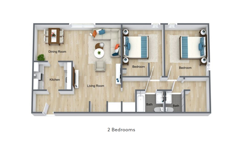 A floor plan of a two bedroom apartment with a living room, dining room, kitchen, and bathrooms.
